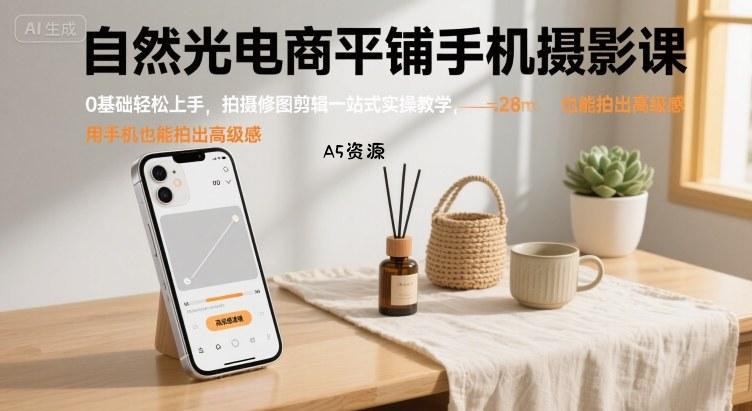 自然光电商平铺手机摄影课,0基础轻松上手,拍摄修图剪辑一站式实操教学,用手机也能拍出高级感-351资源网