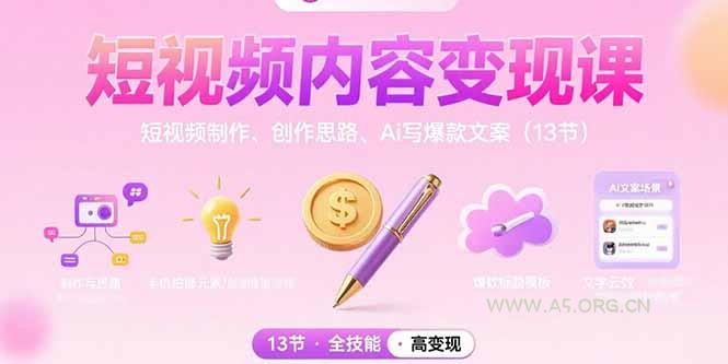 短视频内容变现课：短视频制作、创作思路、Ai写爆款文案(13节-351资源网