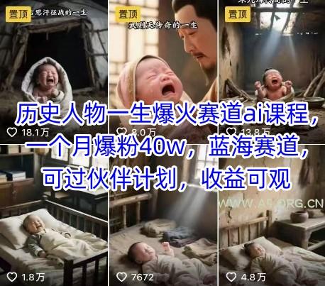 历史人物一生爆火赛道ai课程，一个月爆粉40w，蓝海赛道，可过伙伴计划，收益可观-351资源网