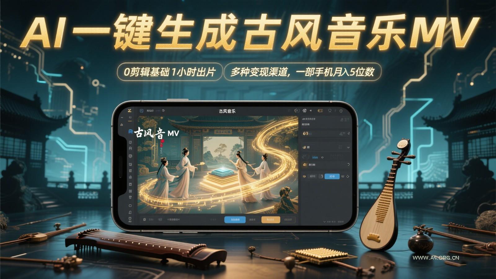 AI一键生成古风音乐MV，0剪辑基础1小时出片，多种变现渠道，一部手机月入5位数-351资源网