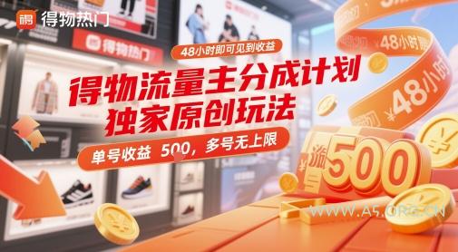 得物流量主分成计划独家原创玩法，48小时即可见到收益，单号收益5张，多号无上限【揭秘】-351资源网