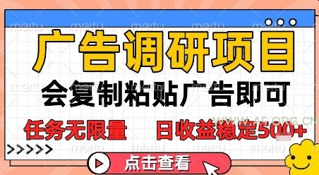 广告调研项目,会复制粘贴广告即可,任务无限量,日收益稳定5张【揭秘】-351资源网