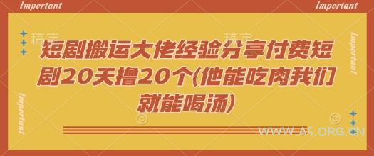 短剧搬运大佬经验分享付费短剧20天撸20个(他能吃肉我们就能喝汤)-351资源网